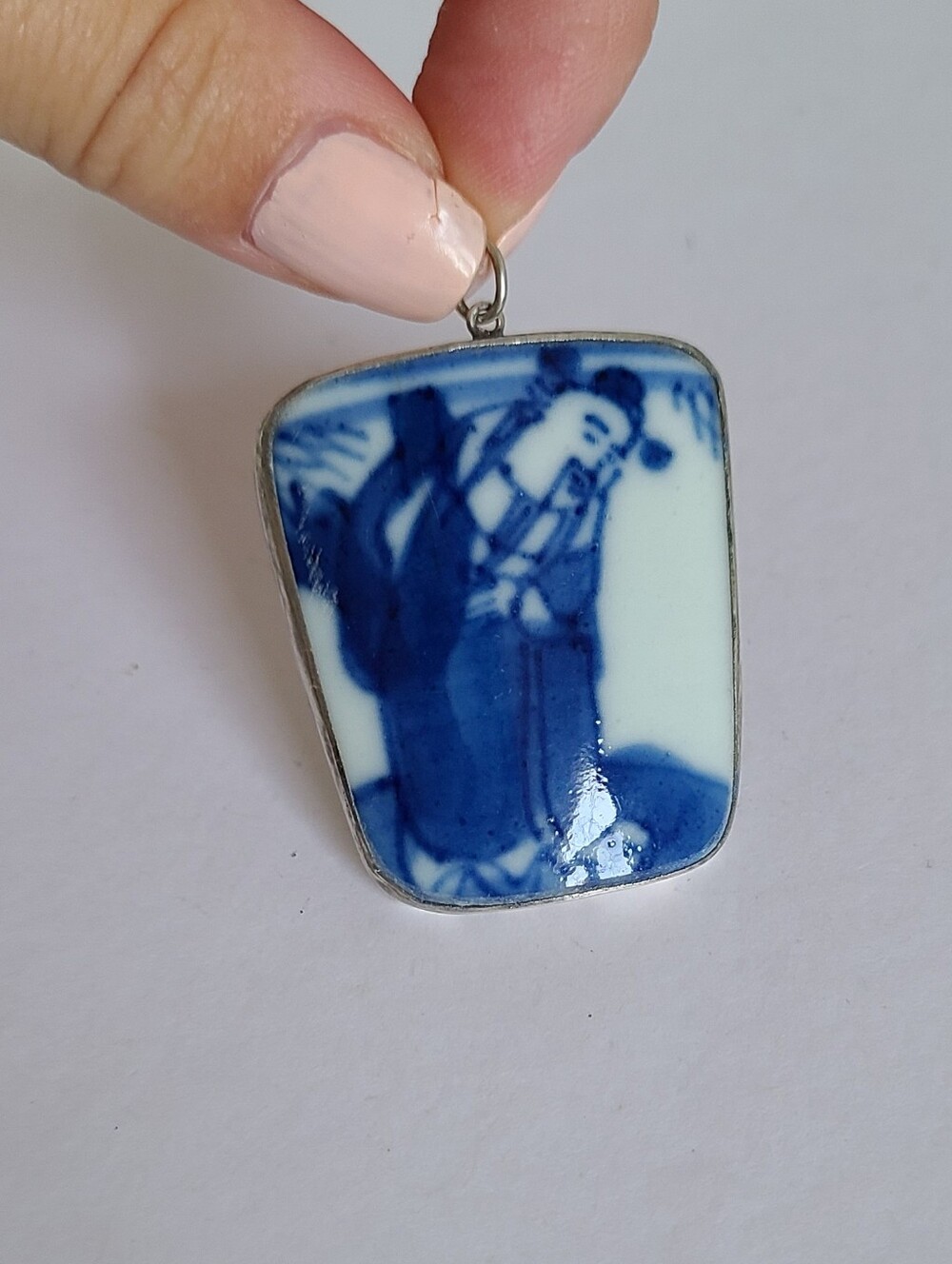 Vintage Chinese Shard Porcelain Blue White Square Sterling Silver Pendant